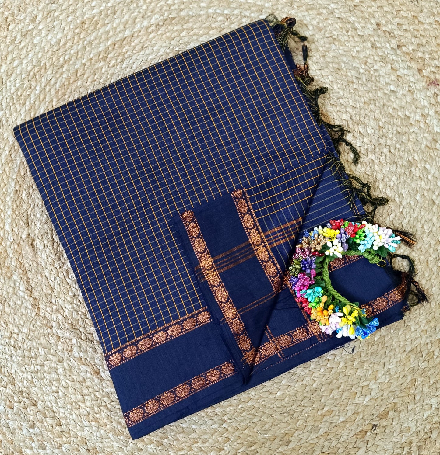 Retta Petta Navy Blue Kalyani Cotton Zari Checked Saree with Blouse – Traditional South Indian Handloom Saree