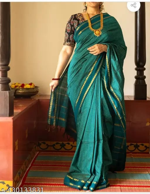 Retta Petta Kalyani Cotton Zari Checked Saree with matching blouse – traditional South Indian teal green handloom saree