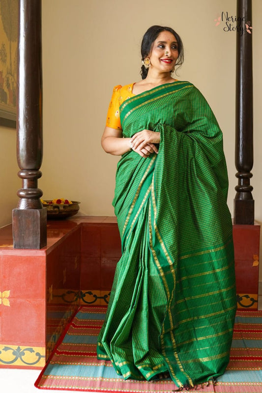Light Green Retta Petta Kalyani Cotton Zari Checked Saree with matching blouse – traditional South Indian green handloom saree