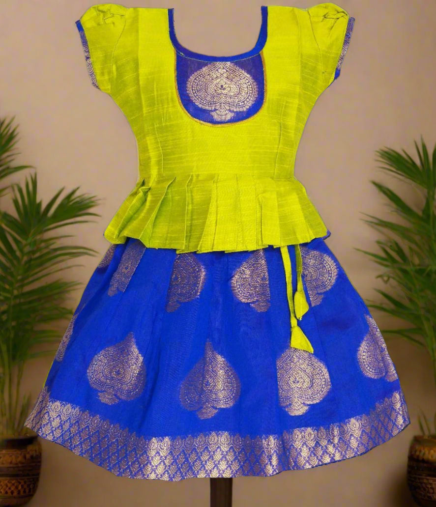 Girls Blue Chanderi Pattu Pavadai with Parrot Green Peplum Top and Puff Sleeves – Lotus Ethnic Traditional Kids Wear