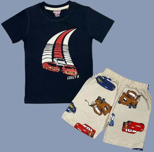 Children's t-shirt with car design and shorts with cartoon character print on a blue background