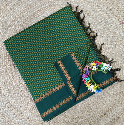 Retta Petta Dark Green Kalyani Cotton Zari Checked Saree with Blouse – Traditional South Indian Handloom Saree