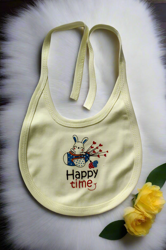 Soft Yellow cotton baby bib with cartoon train print and tie-up straps for newborn feeding