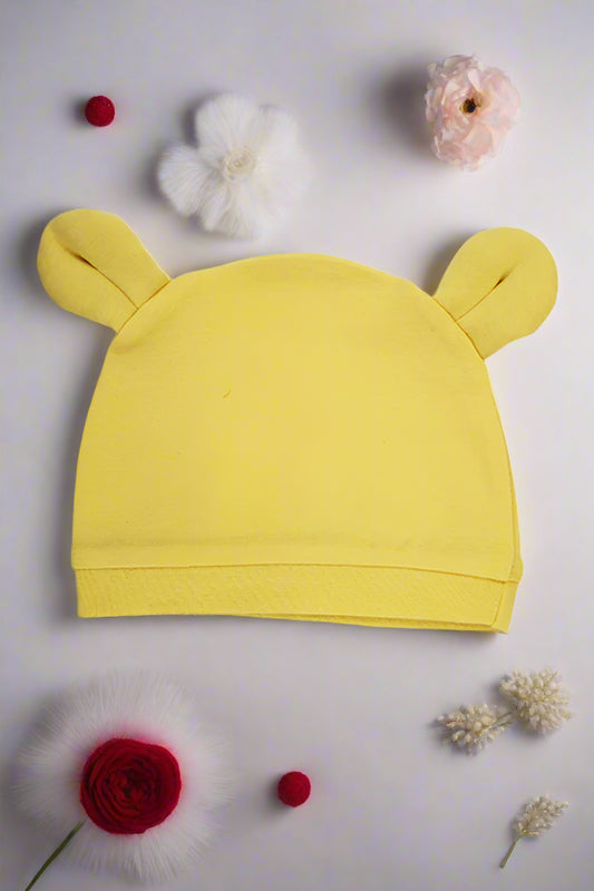 Premium cotton rabbit cap for infants in yellow – baby beanie with cute ears for newborns 0 to 12 months