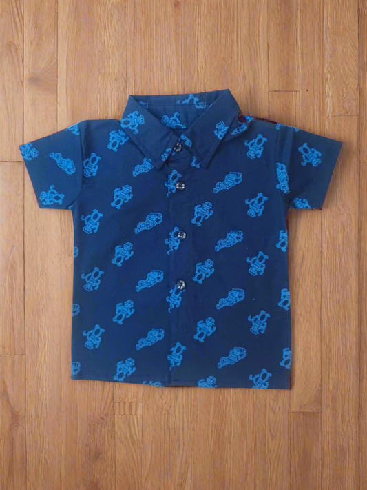 Navy Baby Boys Premium Cotton Shirt with Robot Print – Summer Casual Wear | Soft Breathable Fabric | Lotus Ethnic