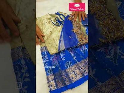 Premium Designer Cream Ikkat Chanderi Banarasi Lehenga Choli with Aari Work, Half Saree & Puff Sleeve