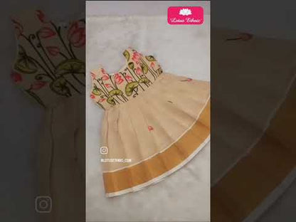 Kerala Kasavu Tissue Pichwai Digital Printed Frock – Cotton Lined Dress
