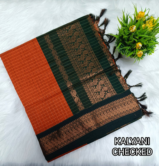 Traditional Orange Kalyani cotton saree with zari border and checked pattern – lightweight daily wear handloom saree
